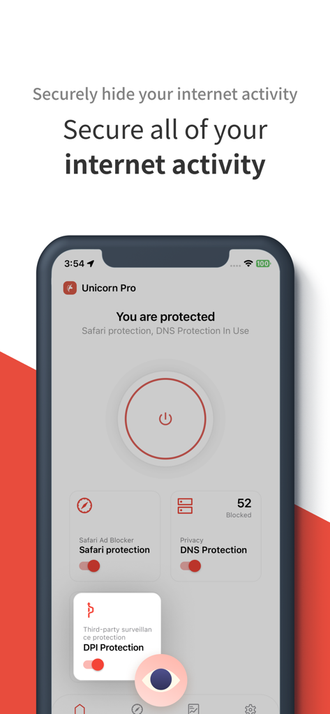 アクティブなSafari DNSとDPIプライバシー保護機能を示すUnicorn Proアプリのダッシュボード