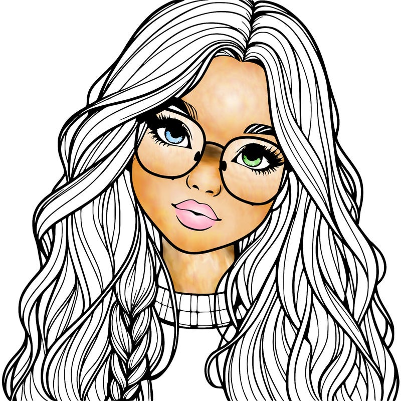 girl with long hair and freckles and glasses realistic