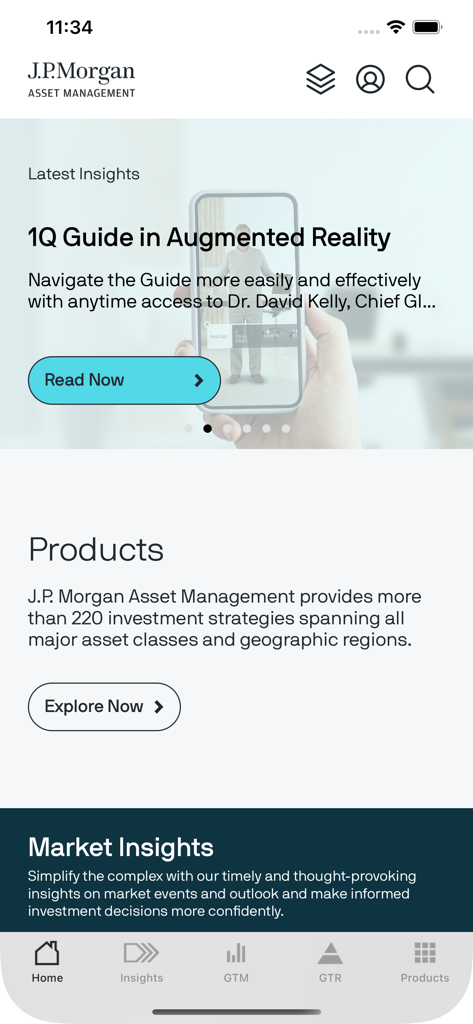 Dashboard of the Insights by J.P. Morgan app showing investment strategies and market insights.