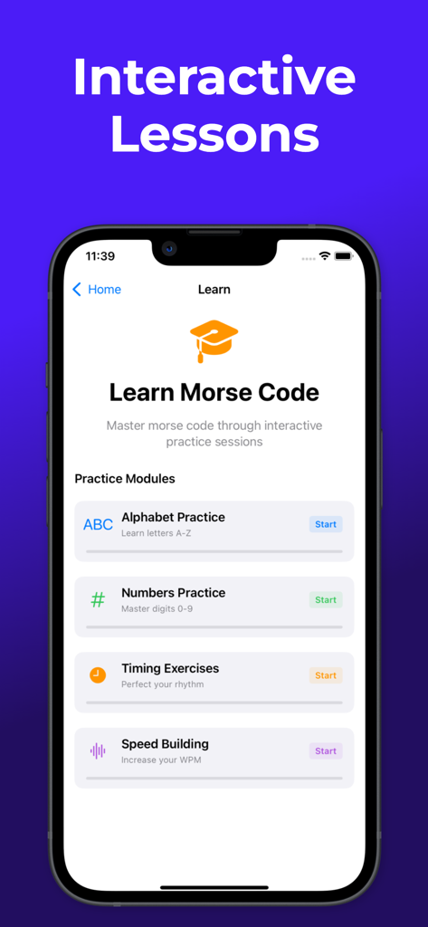 Morse Code Decoder and Encoder - アルファベットと数字の練習を含むインタラクティブなモールス信号学習モジュール。