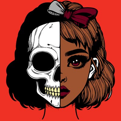 realistic girl with half skull mask