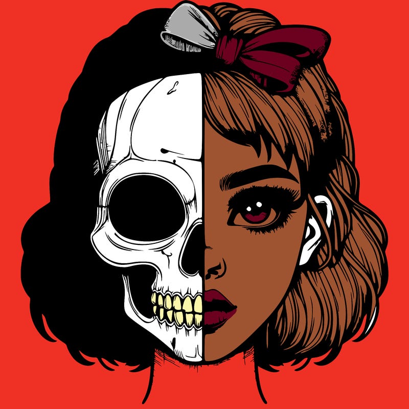 realistic girl with half skull mask