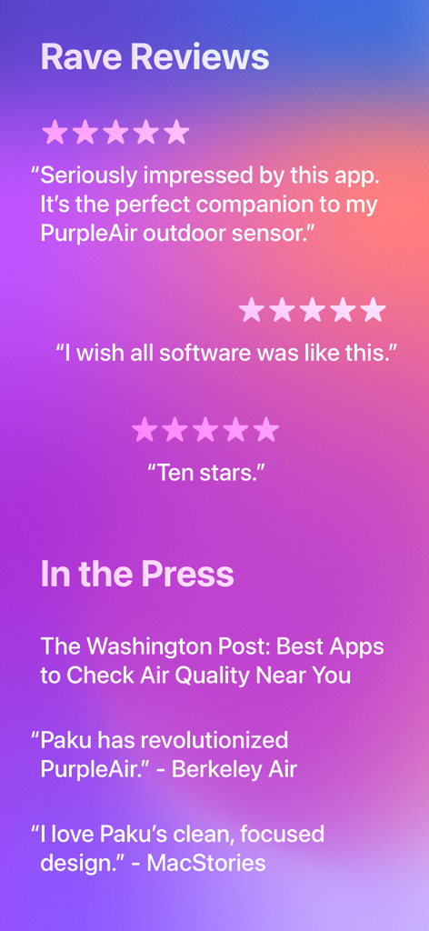 Paku for PurpleAir - Reseñas entusiastas y menciones de prensa para la aplicación Paku for PurpleAir