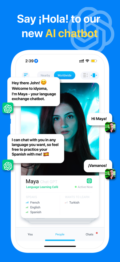Screenshot of Idyoma app showing Maya, an AI chatbot for language practice.