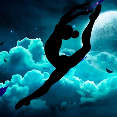 gymnast doing a leap in a leotard with a bent back leg