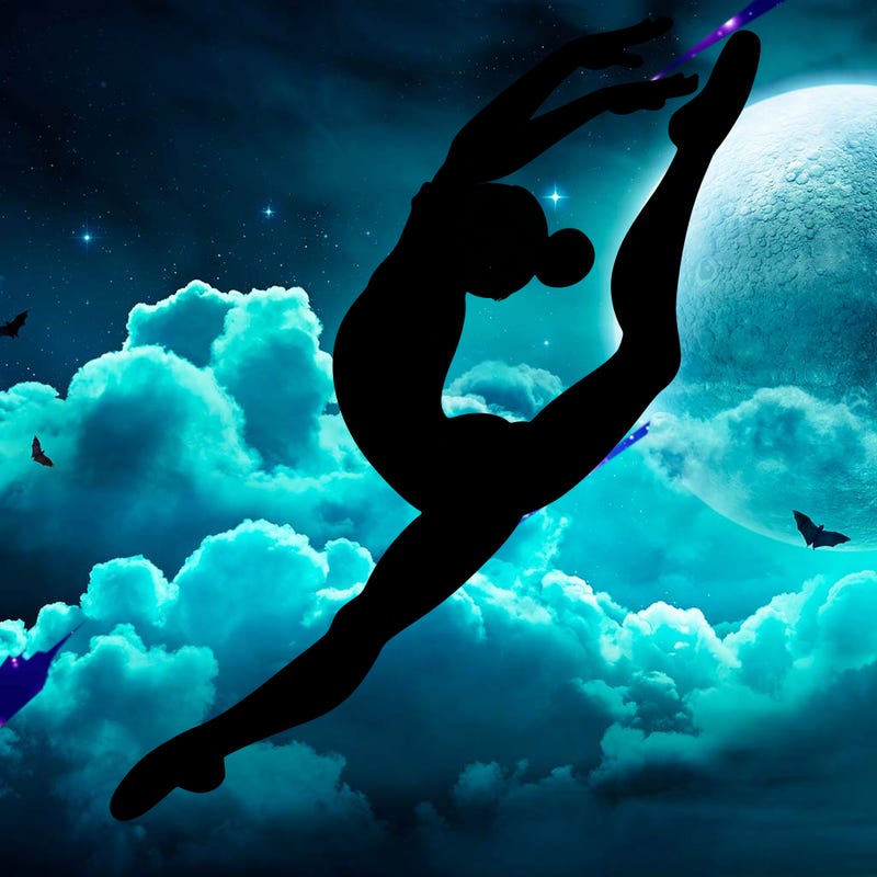 gymnast doing a leap in a leotard with a bent back leg