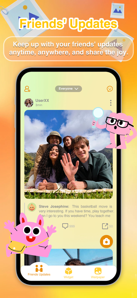 Screenshot of the Photo Widget app showing a feed of live photo updates from friends with interactive comments