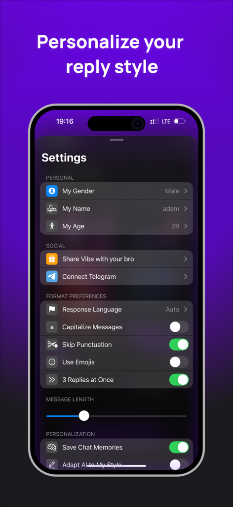 Vibe App‎ - Vibe App settings interface for personalizing AI reply styles and message preferences