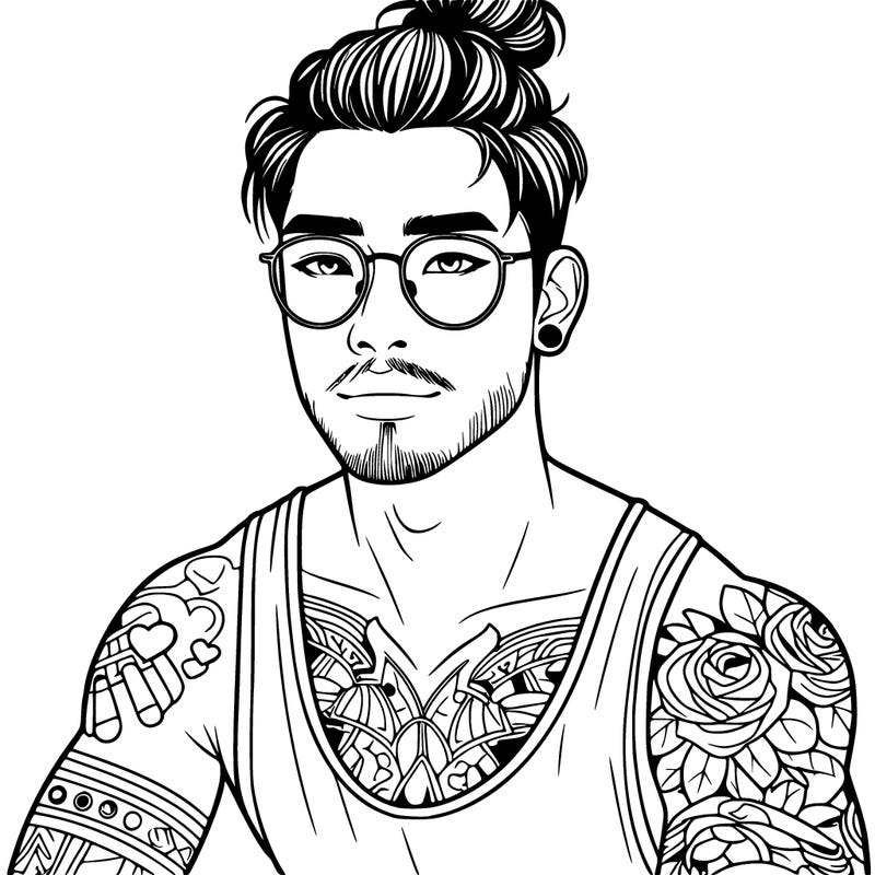 young attractive asian man with a man-bun, glasses, and tattoo's