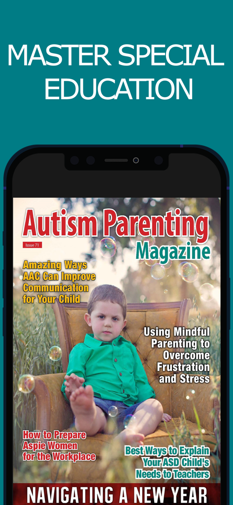 Autism Parenting Magazine - Autism Parenting Magazine app interface showing a digital issue cover with articles on special education and mindful parenting.