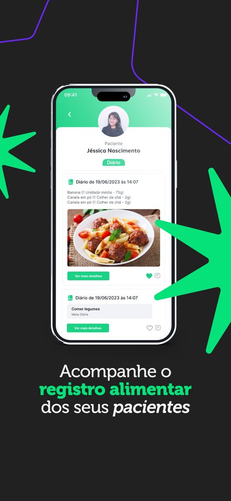 Dietbox para profissionais - Dietbox app interface showing a patient meal log with photos and descriptions