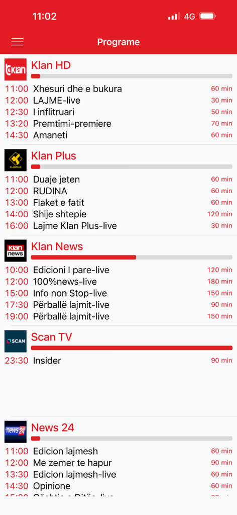 Klani IM - Klani IM app screen showing the TV program guide for various Albanian channels