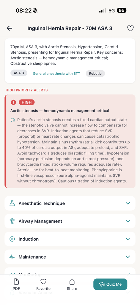 Follie - Anesthesia Assistant - Anesthesia case management screen in the Follie app showing clinical alerts and management strategies for a patient with aortic stenosis.