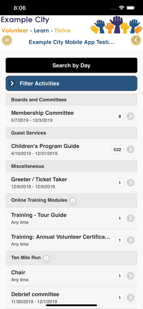 A list of volunteer activities and online training modules within the My Impact mobile application interface