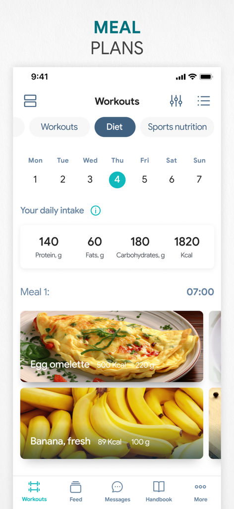 Meal plan interface showing daily macronutrients and breakfast food log in a fitness app