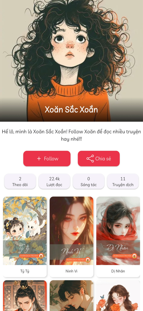 Mọt Truyện - User profile interface in the Mot Truyen app showing follower stats and a gallery of Vietnamese stories