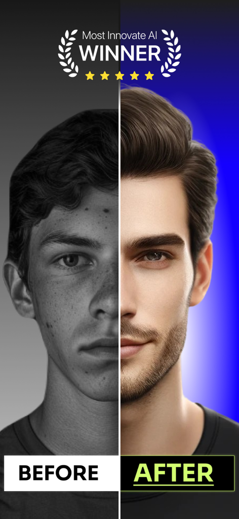 앱 사용 전후 남성의 얼굴 글로우업 변화를 보여주는 분할 화면 이미지