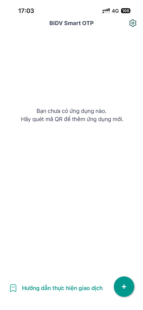 BIDV Smart OTP - BIDV Smart OTP mobile app screen showing an empty state with a message in Vietnamese to scan a QR code to add a new application