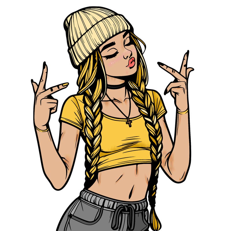 realistic teenage girl with braids and a beanie and crop top doing 🫶🏼