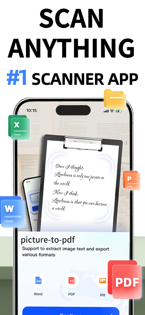 iPhone screen displaying Scanner Pro app with Scan Anything text and floating document icons for Word PDF and Excel
