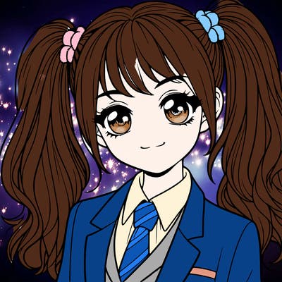 realistic girl with two ponytails and a suit on