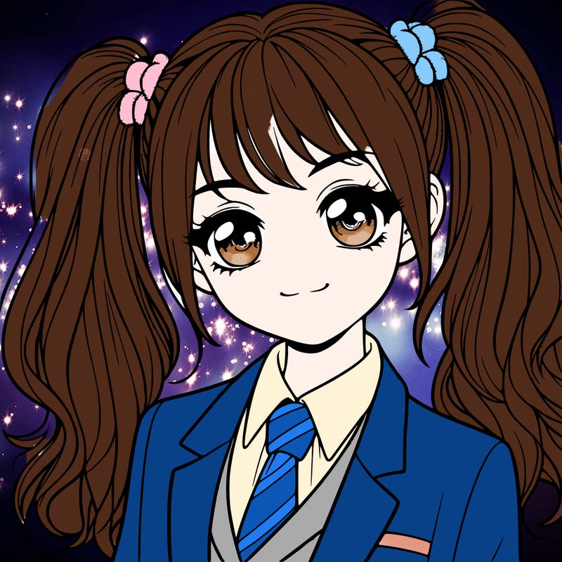 realistic girl with two ponytails and a suit on