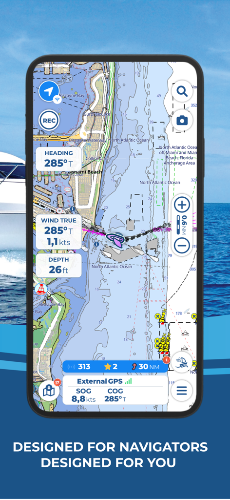 Aqua Map Boating app displaying a nautical chart with real-time navigation data near Miami Beach