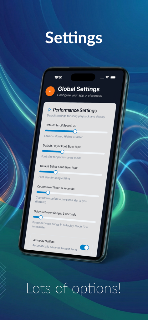 LyricsFlow Pro - LyricsFlow Pro app screen displaying performance settings for scroll speed and font size.