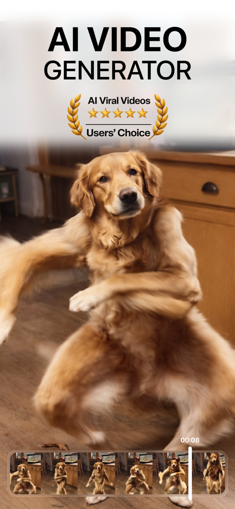 Reelify: AI Video Generation - Pantalla de la aplicación Reelify mostrando un vídeo generado por IA de un golden retriever bailando con una insignia de elección de usuario de vídeos virales de IA