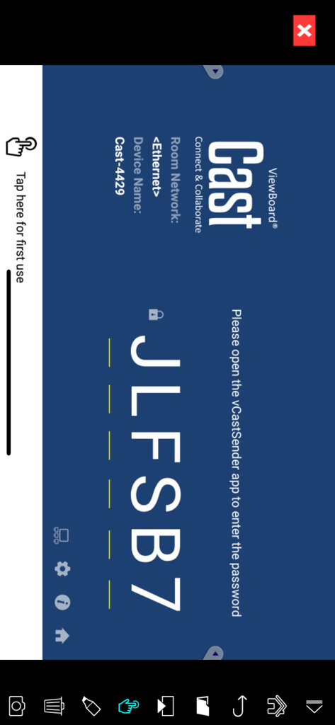 A blue screen on a ViewBoard showing a six-character security code to connect the vCastSender app.