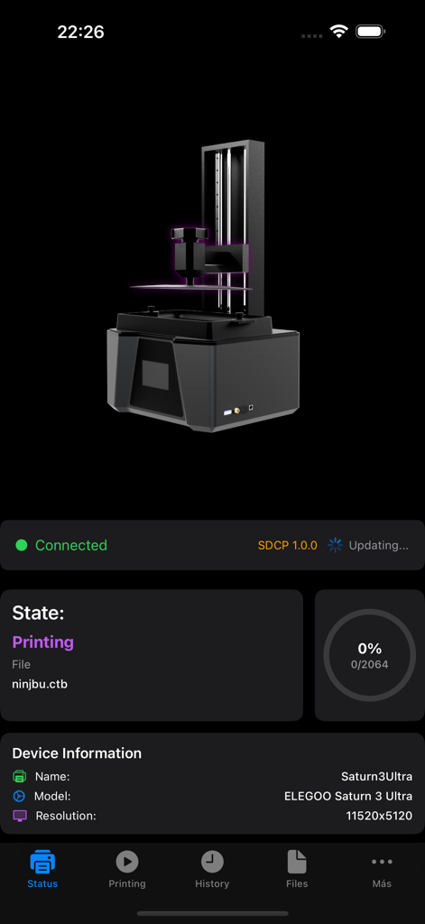 Resin Control - Interfaz de la aplicación Resin Control mostrando el estado en tiempo real de la impresora 3D e información del dispositivo