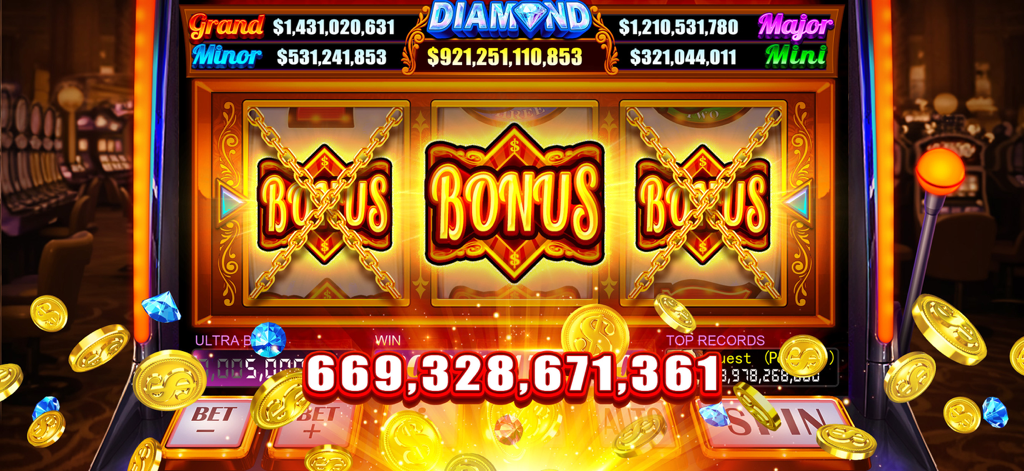 Classic Slots mobile game screen showing a massive jackpot bonus win with gold coins