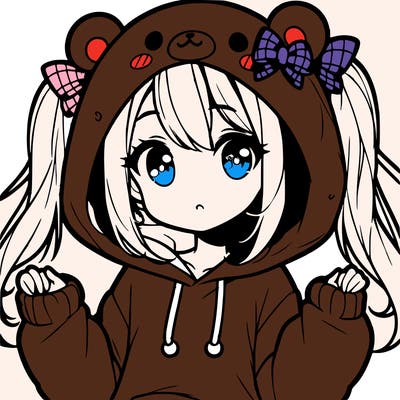 cute anime girl with ponytails and a cute bear hoodie
