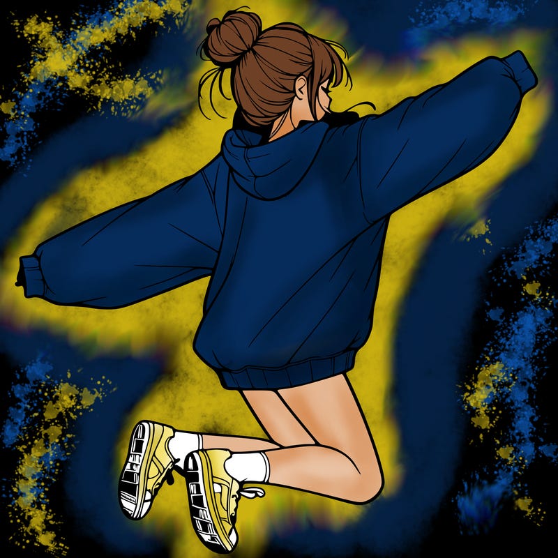 realistic girl jumping with a bun and oversized sweatshirt