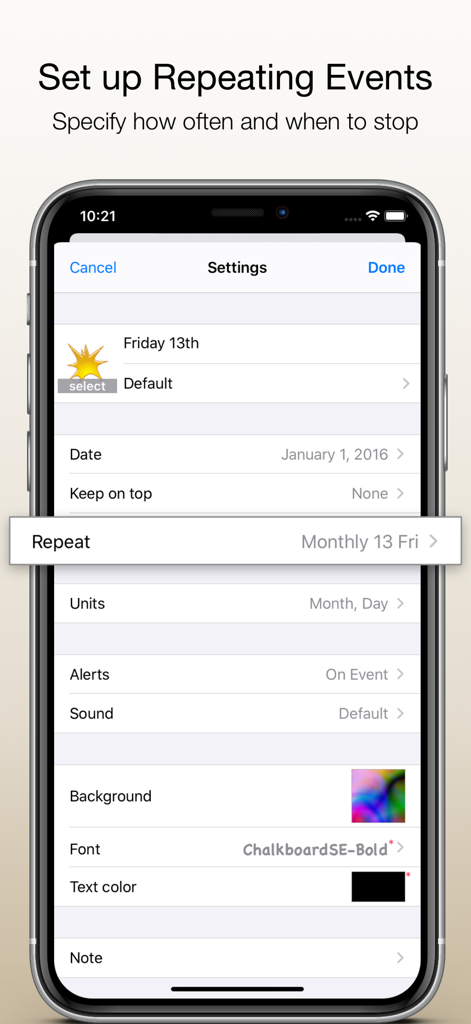 Reminder & Countdown Pro - A mobile interface for setting up repeating events in Reminder and Countdown Pro showing frequency and customization options
