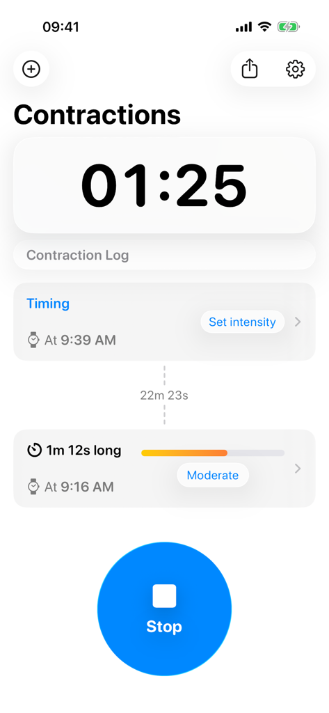 Contraction Timer and Tracker app showing active labor contraction tracking