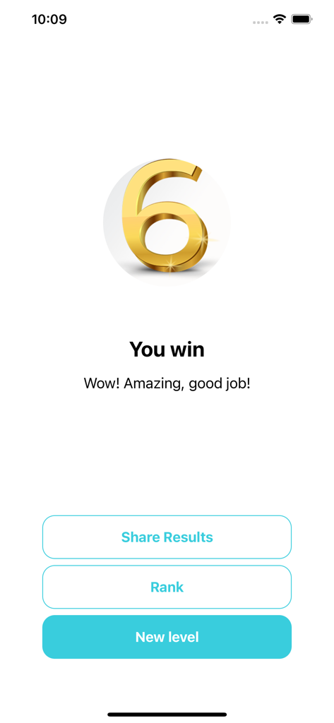 6th grade learning games - Victory screen in the 6th grade learning games app showing a golden number six and celebratory text.