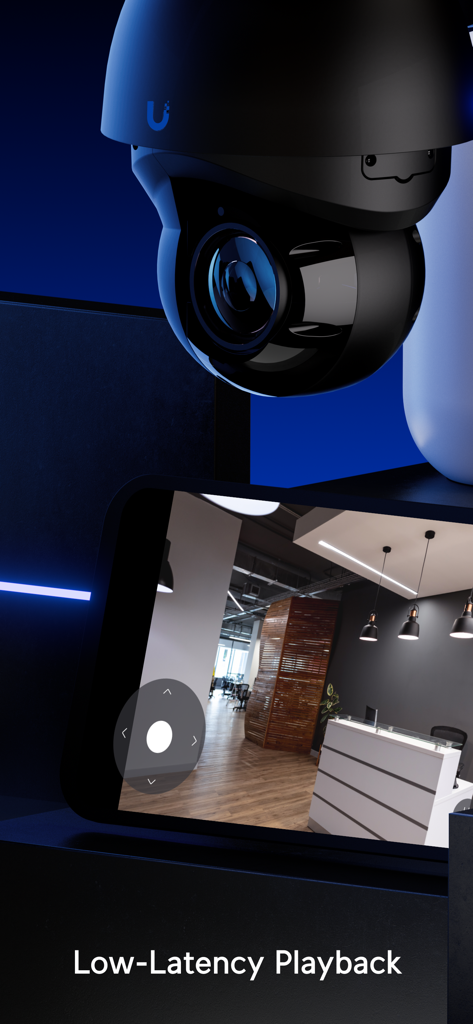 Cámara de seguridad UniFi Protect y smartphone mostrando una transmisión de video en vivo de baja latencia