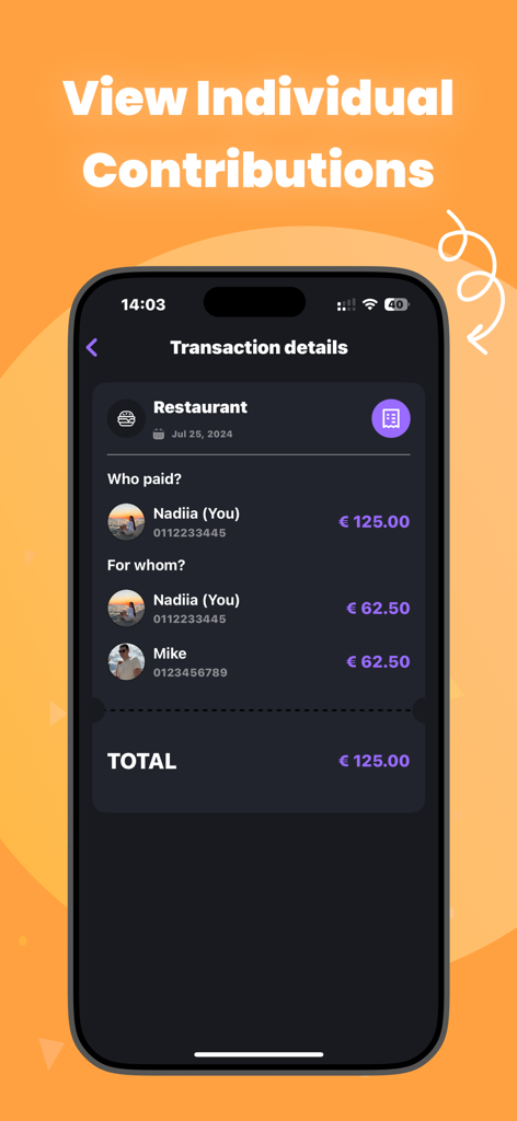 Cost Split Payments: Settle Up - Pantalla móvil que muestra los detalles de la transacción de una factura de restaurante dividida entre dos personas con las contribuciones individuales listadas