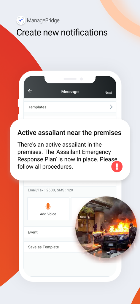 ManageBridge - ManageBridge app interface showing the creation of an emergency notification alert with an active assailant message and incident photo