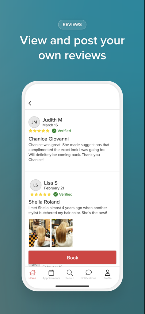Ein Screenshot der Vagaro App, der geprüfte Kundenbewertungen mit Sternebewertungen und Fotos für Haarstyling-Dienstleistungen zeigt.