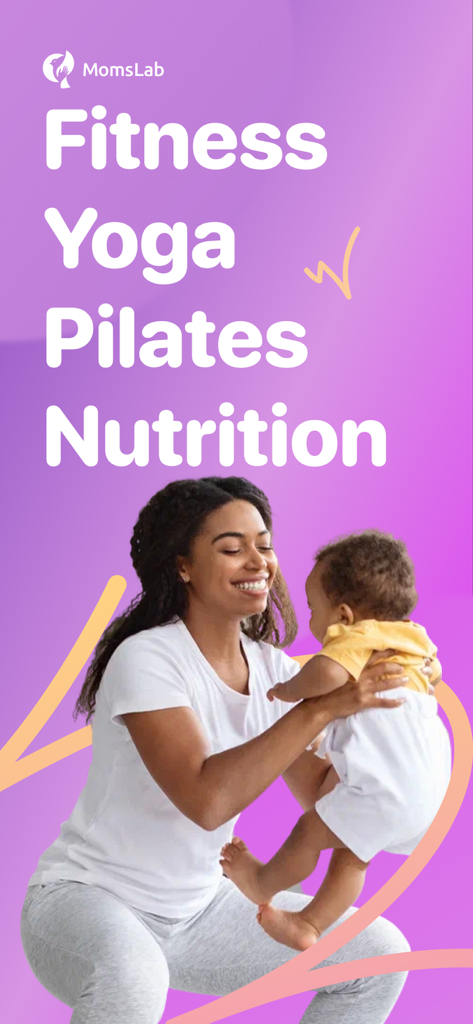 MomsLab app screen showing fitness yoga pilates and nutrition for postpartum mothers featuring a mom and baby