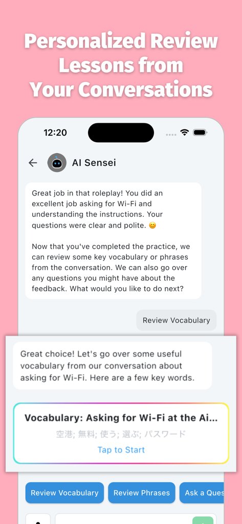 Meshclass: AI Japanese Tutor - 이전 대화를 기반으로 개인화된 복습 수업과 어휘 피드백을 제공하는 AI 일본어 튜터와의 채팅을 보여주는 모바일 앱 화면
