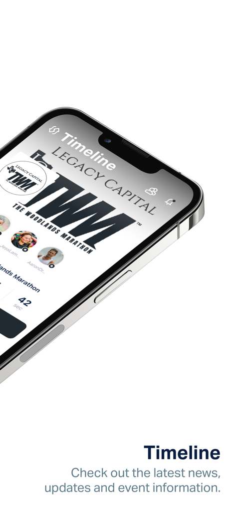 The Woodlands Marathon - The Woodlands Marathon app interface showing the timeline screen for event news and updates.