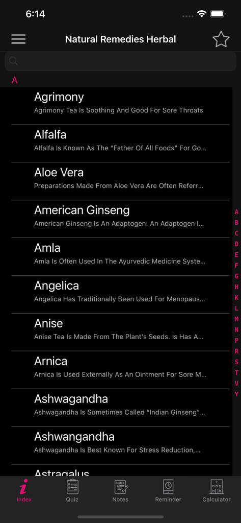 Natural Remedies Herbal - Lista alfabética de hierbas y plantas medicinales como Aloe Vera y Alfalfa en la aplicación Remedios Naturales