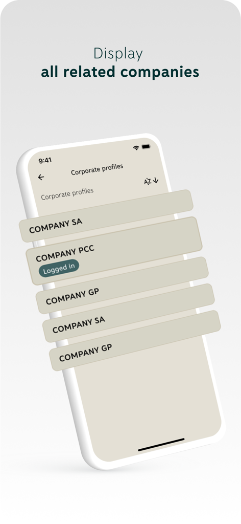 Piraeus Business app screen showing a list of multiple related company profiles for a single user.