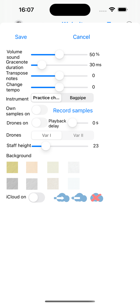 Bagpipe Player settings screen showing audio and visual customization controls