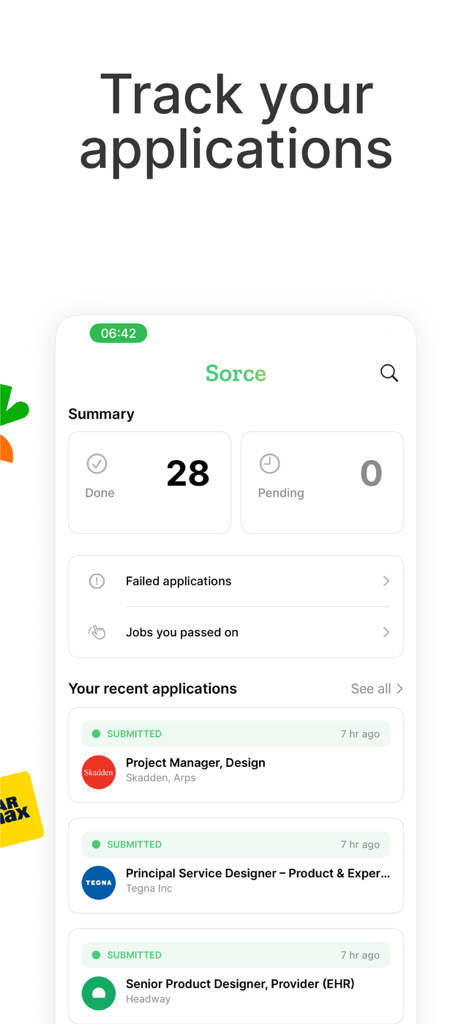 Sorce - AI Job Search - Painel móvel do aplicativo Sorce mostrando um resumo das candidaturas de emprego rastreadas e seus status de envio.