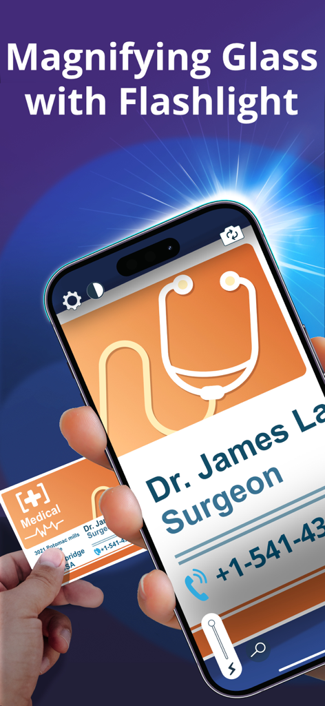 Un teléfono inteligente usando una aplicación de lupa con linterna para ampliar texto en una tarjeta de visita médica.