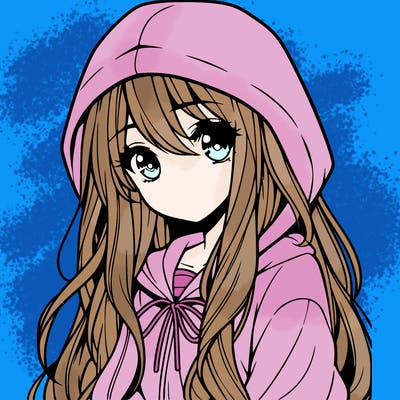 anime girl with long hair and a hoodie on with big eyes